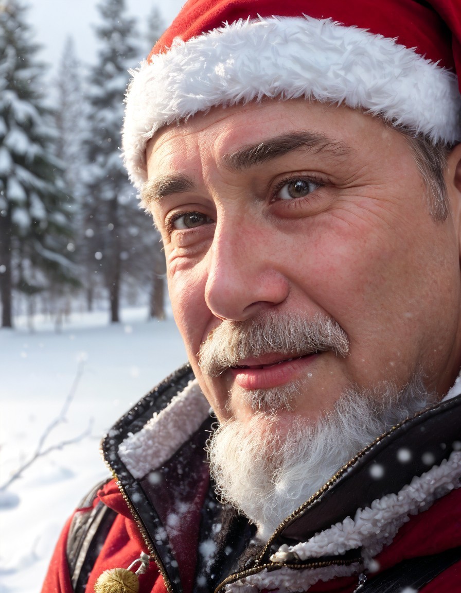 Man in Santa Hat Smiling in Snowy Landscape