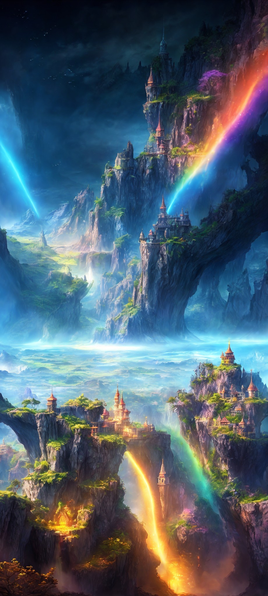 Fantastical landscape with floating rock formations and mystical castles