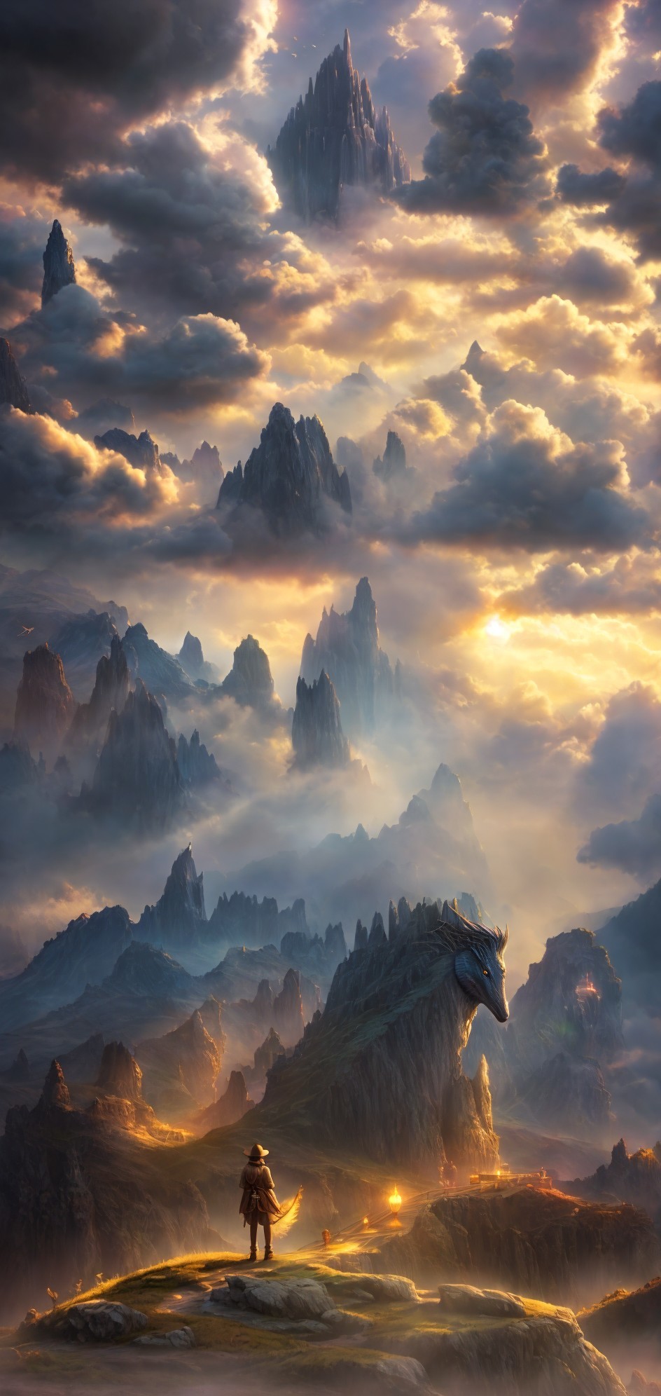 Person in front of dragon and mountains under golden sky