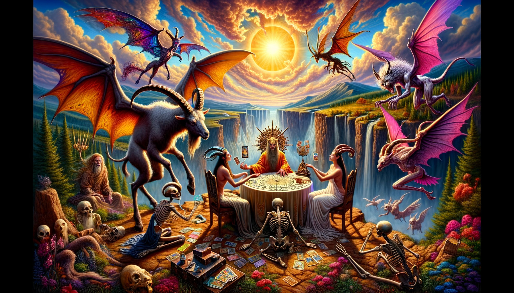 Fantasy Scene of Skeletons Playing Cards at Sunset