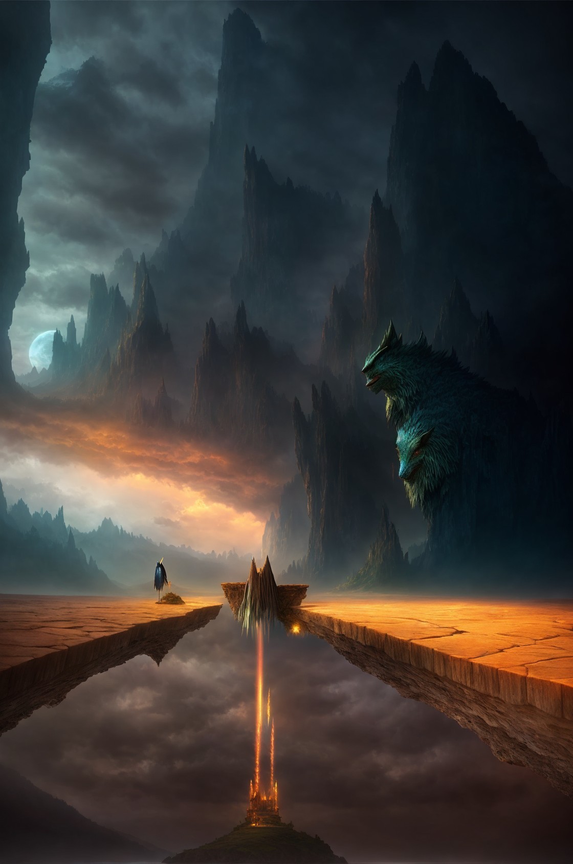 Fantasy landscape with rocky spires, dragon, and lone figure under moonlit sky