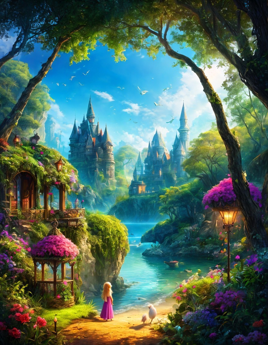 Girl and small animal on lush path with magical castle, vibrant flora, serene river, and sunny sky