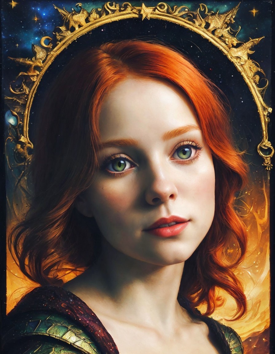 Portrait of woman with red hair, green eyes, gold crown, cosmic background