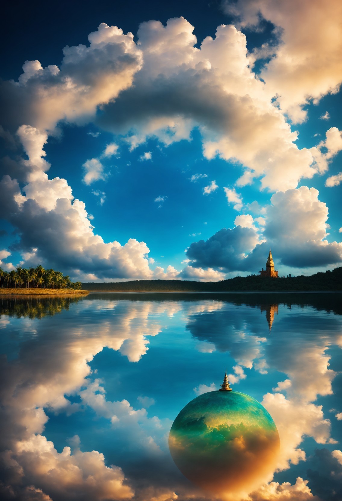 Surreal landscape with floating mirrored sphere temple under dramatic sky