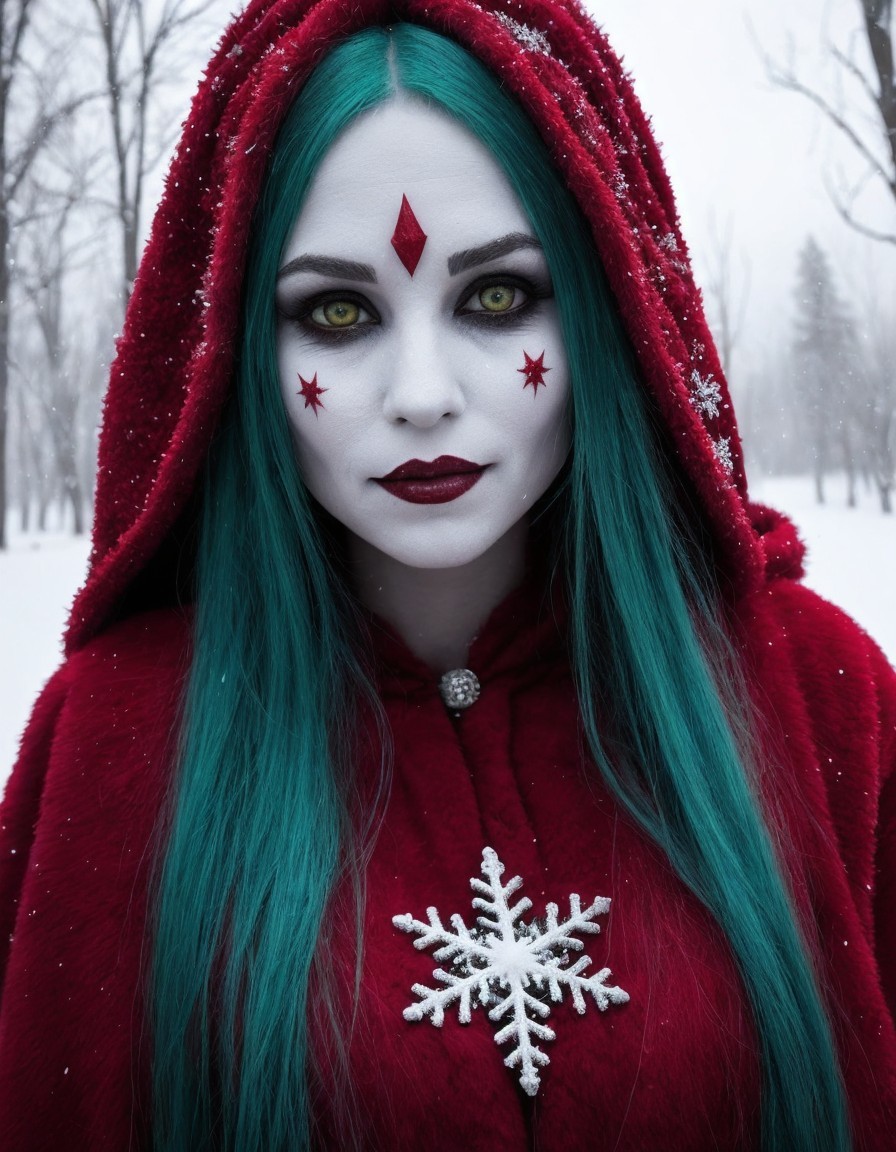 Teal-haired person in red cloak with unique facial markings in snowy scene