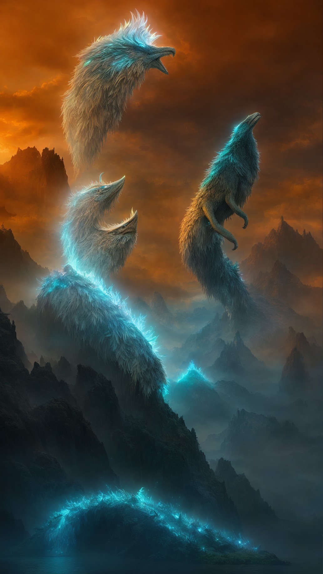 Ethereal blue foxes spiral in dramatic orange landscape