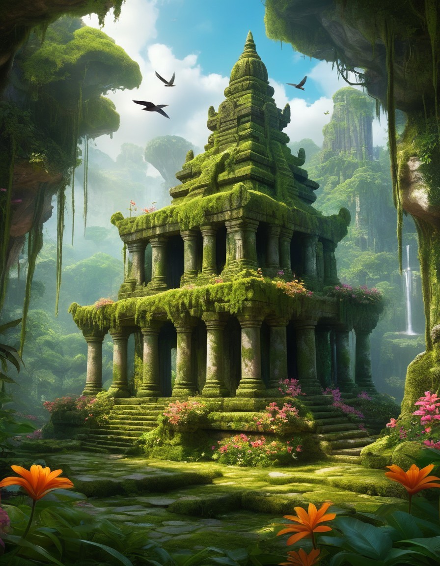Moss-Covered Ancient Temple in Lush Jungle Oasis