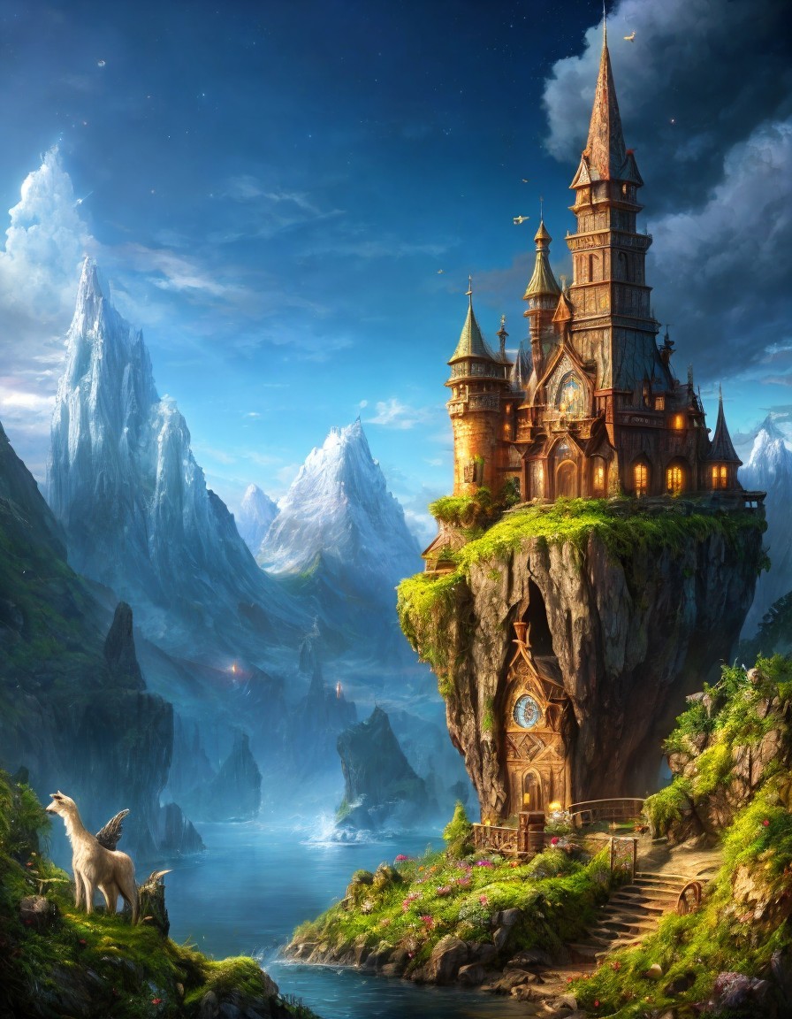 Fantasy castle on rock overlooking river with unicorn.