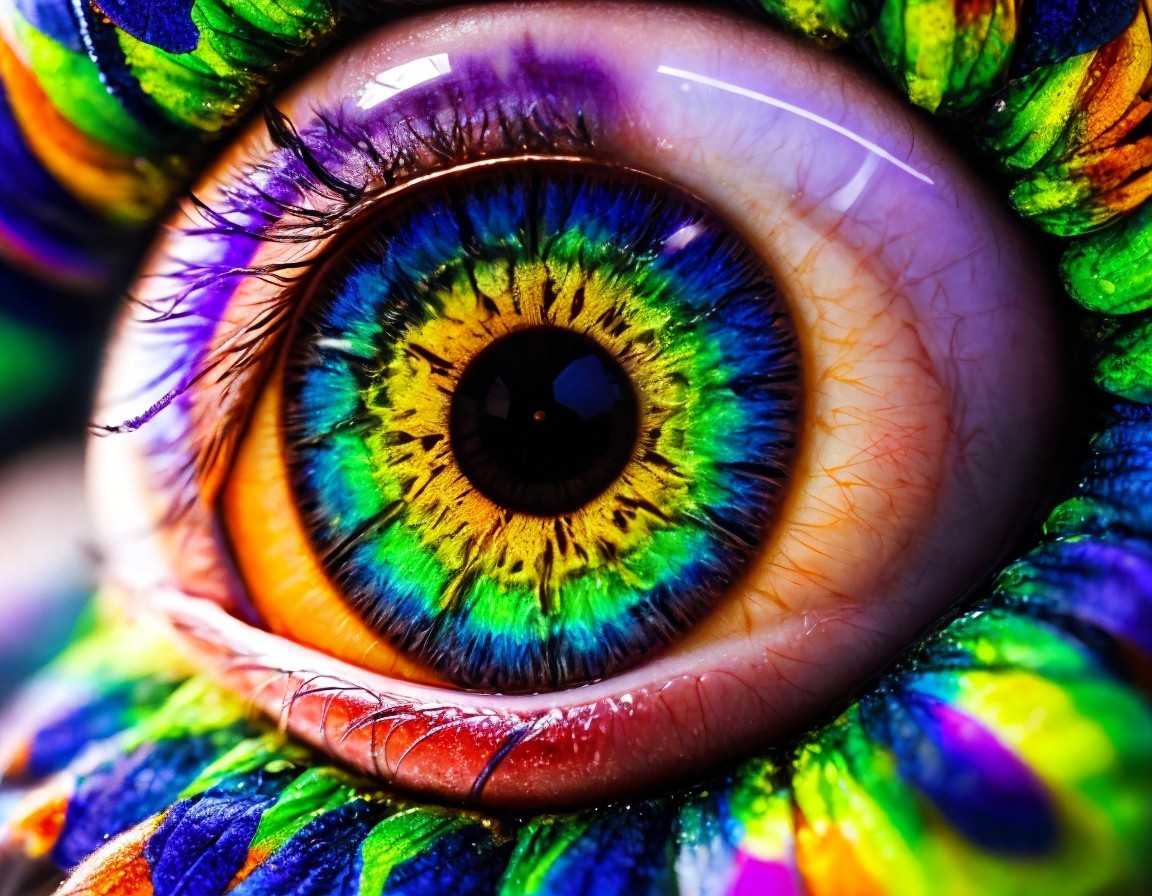 Vividly colored eye with green, yellow, and blue iris hues and multicolored painted skin