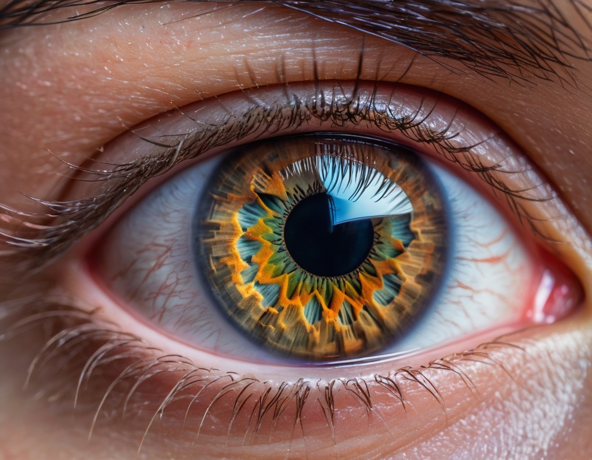 Detailed Green and Orange Iris Patterns in Human Eye Close-Up
