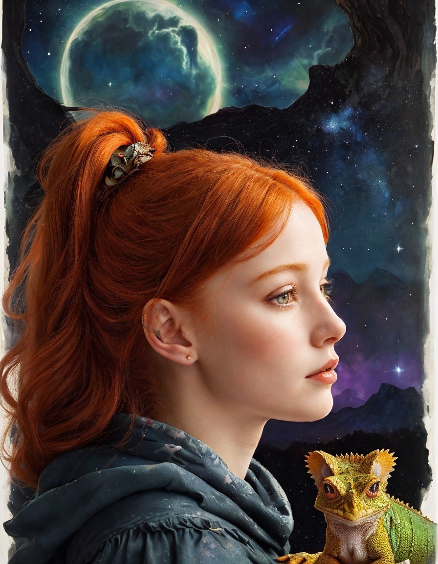 Red-haired woman with small dragon under moonlit sky