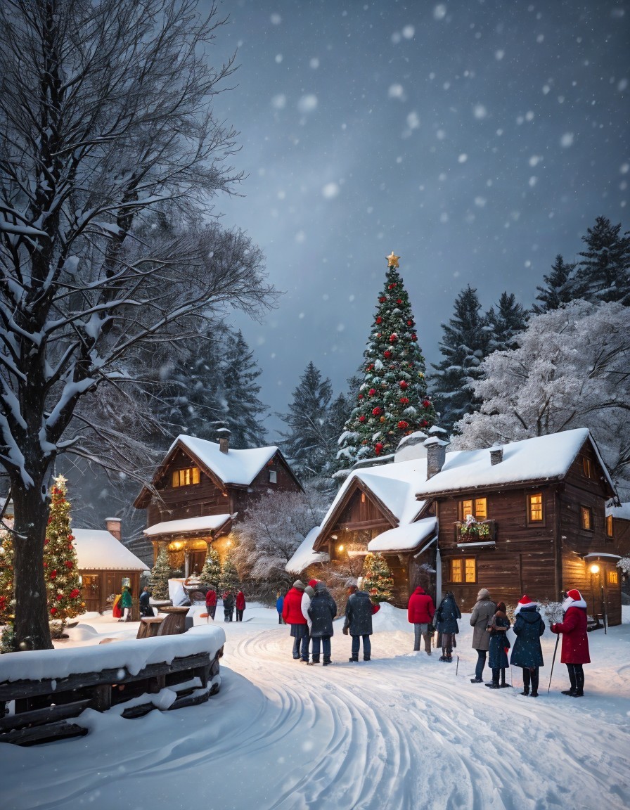 Festive snow-covered village with Christmas decorations and illuminated houses