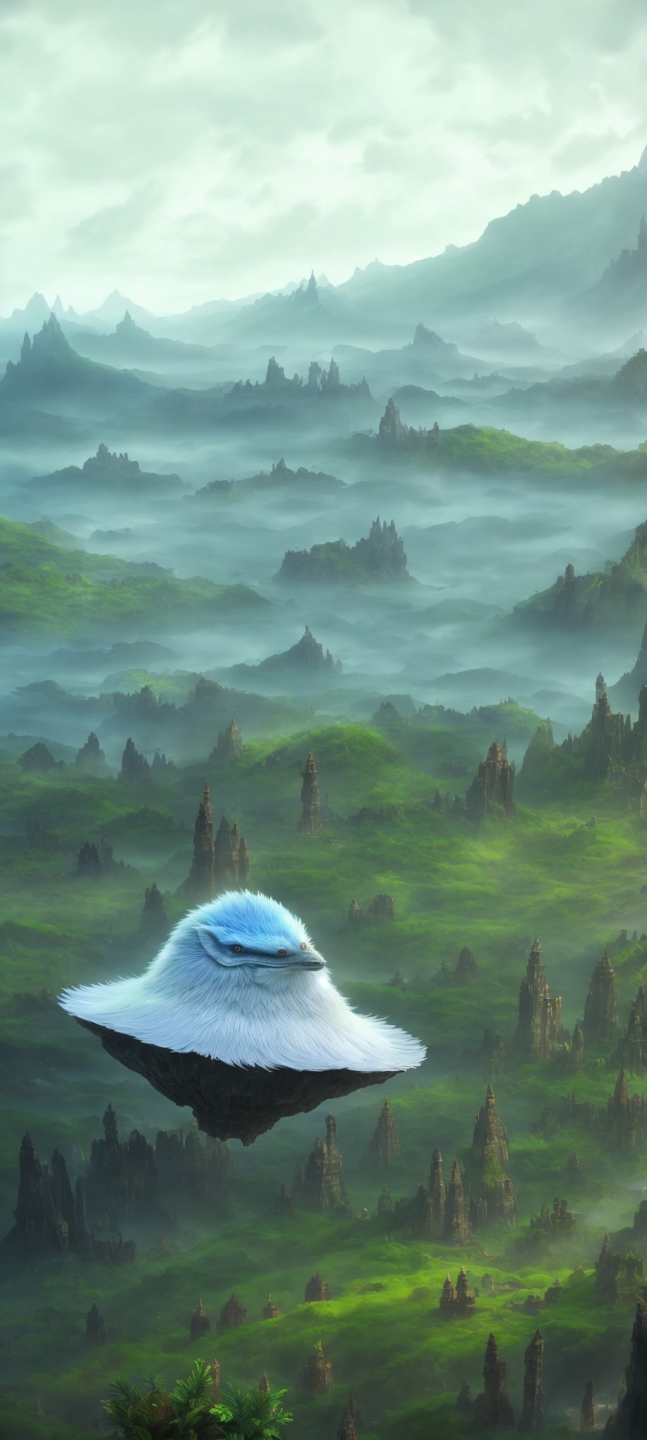 Futuristic flying vehicle over misty green landscape
