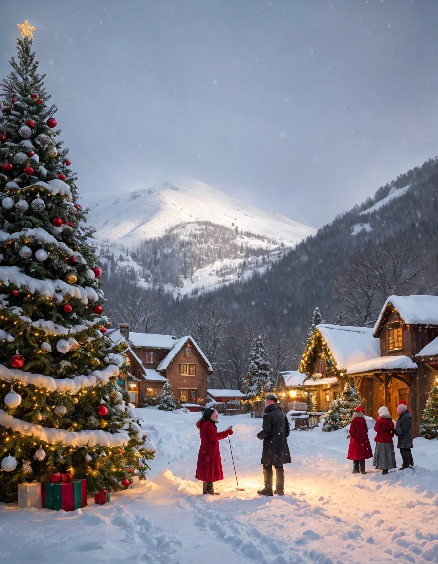 Snowy village Christmas scene with people near tree, houses lit up, mountain backdrop.