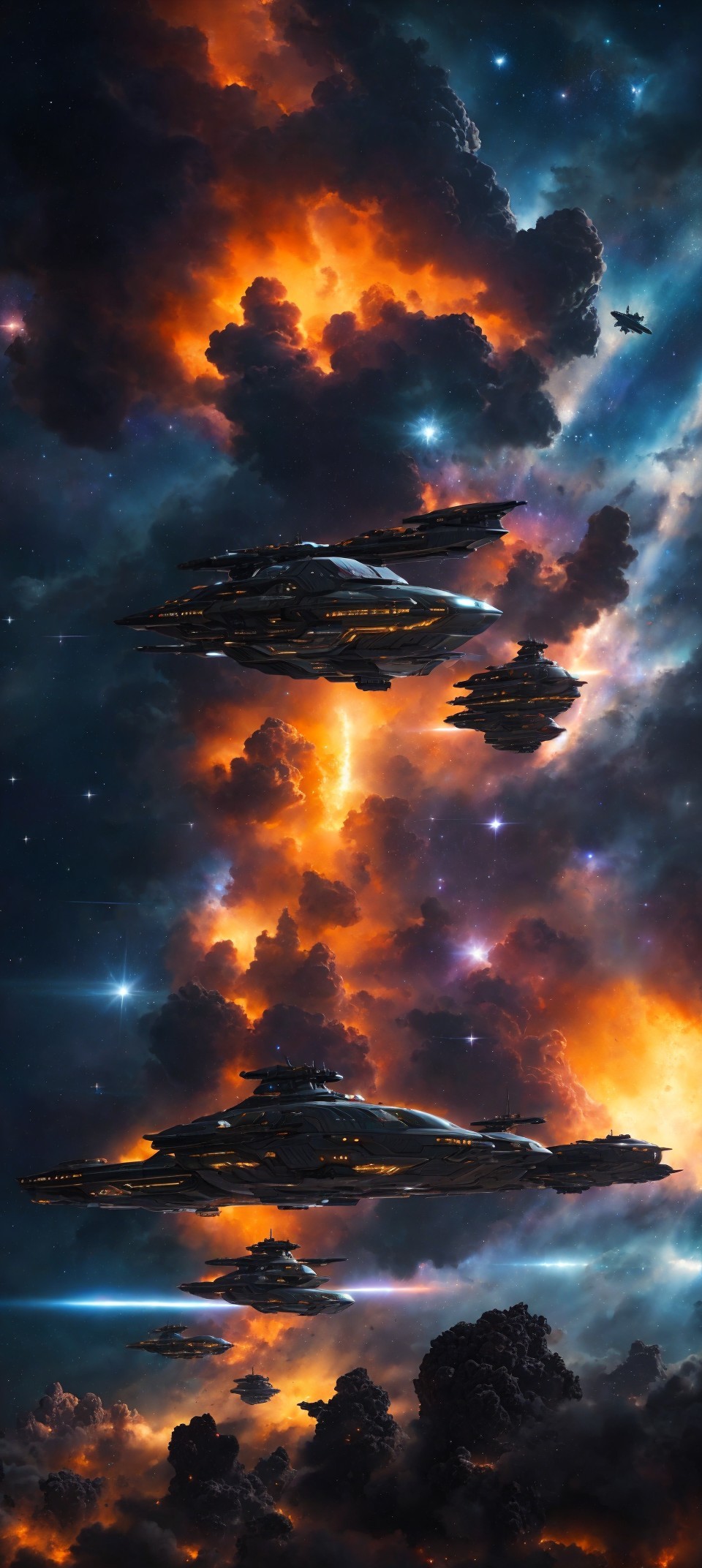 Futuristic starships in colorful nebula with twinkling stars