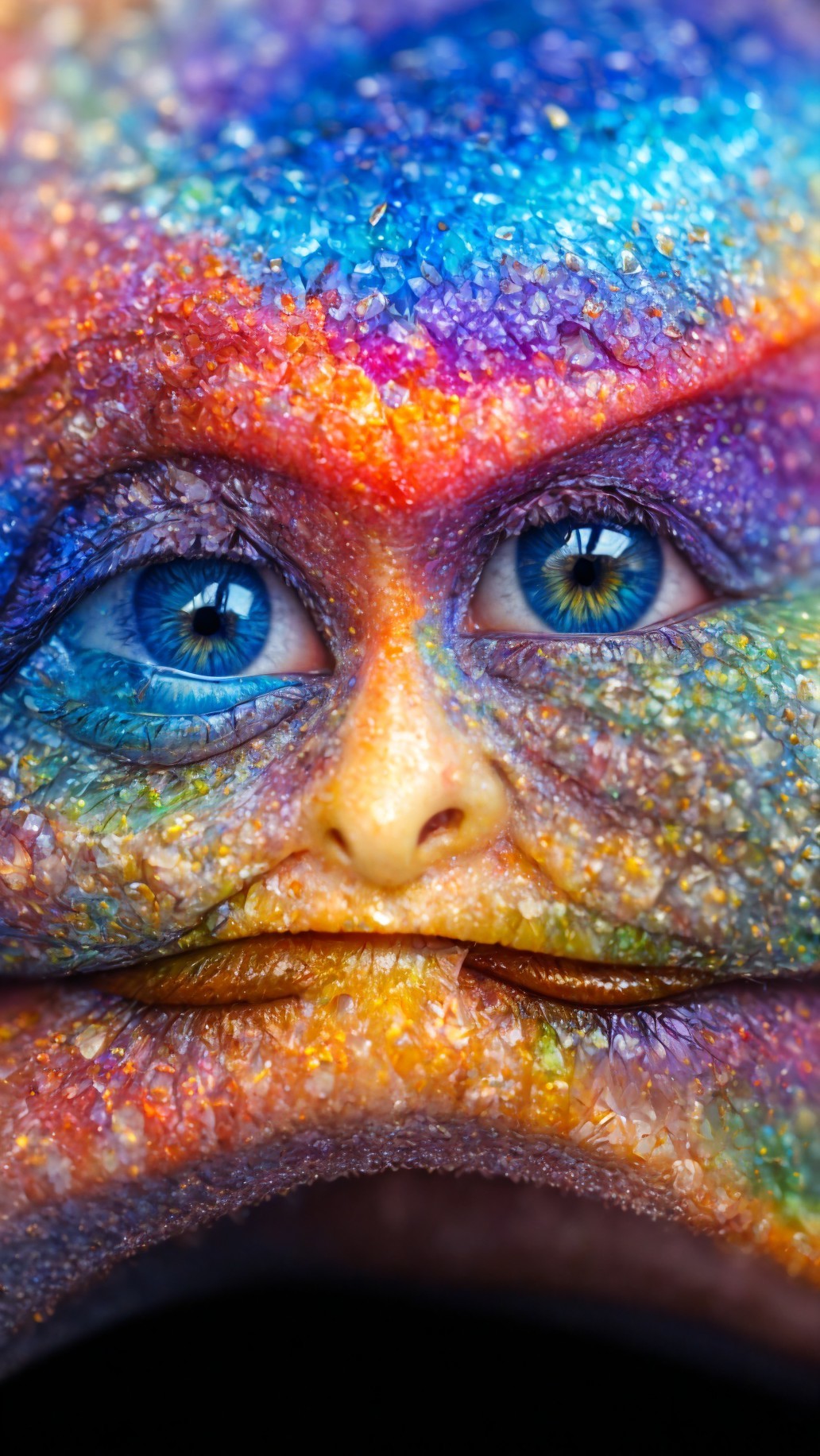 Vibrant multicolored glitter makeup on person's face with bright blue eyes