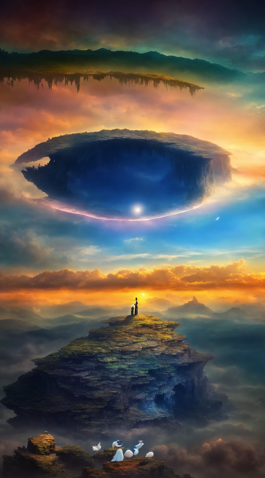 Person on rocky outcrop gazes at colossal floating island in vibrant sunrise
