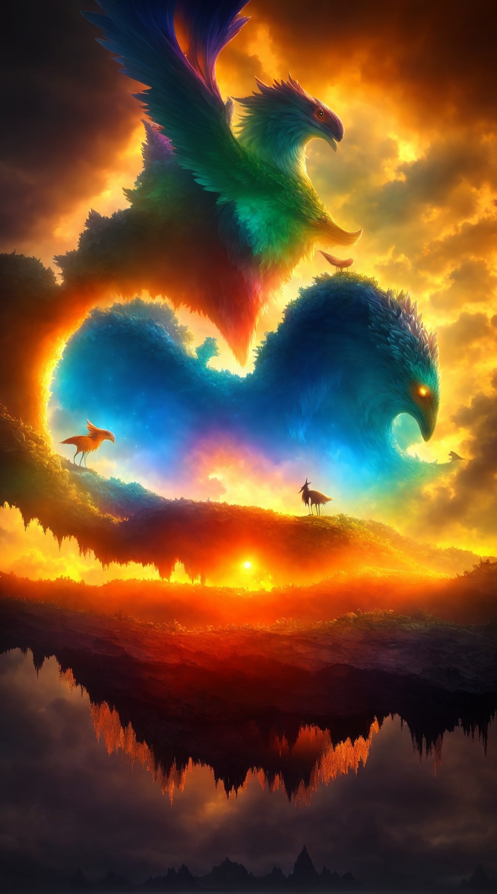 Mythical phoenix artwork with iridescent feathers in sunset scene