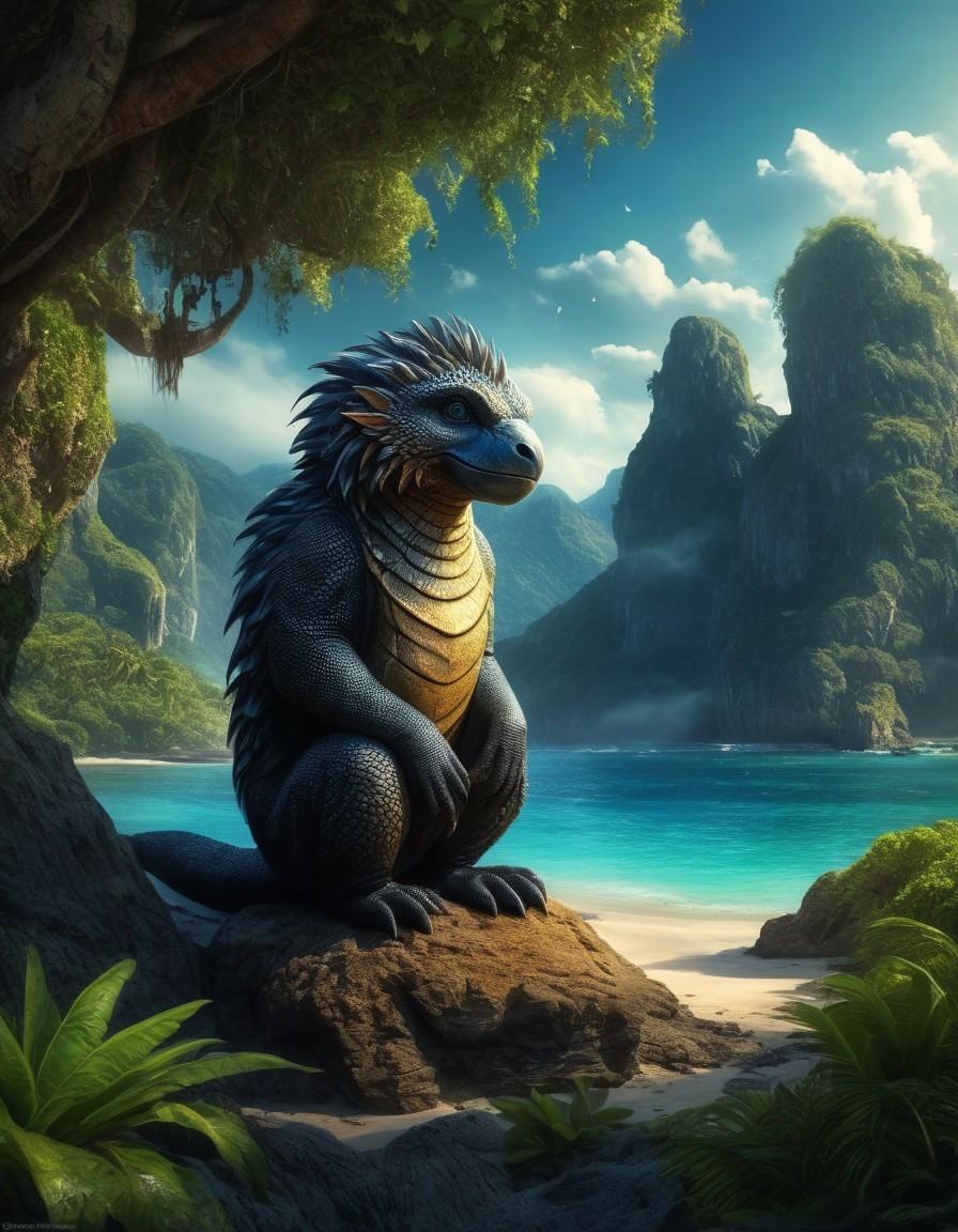 Majestic dragon on rock in lush tropical landscape