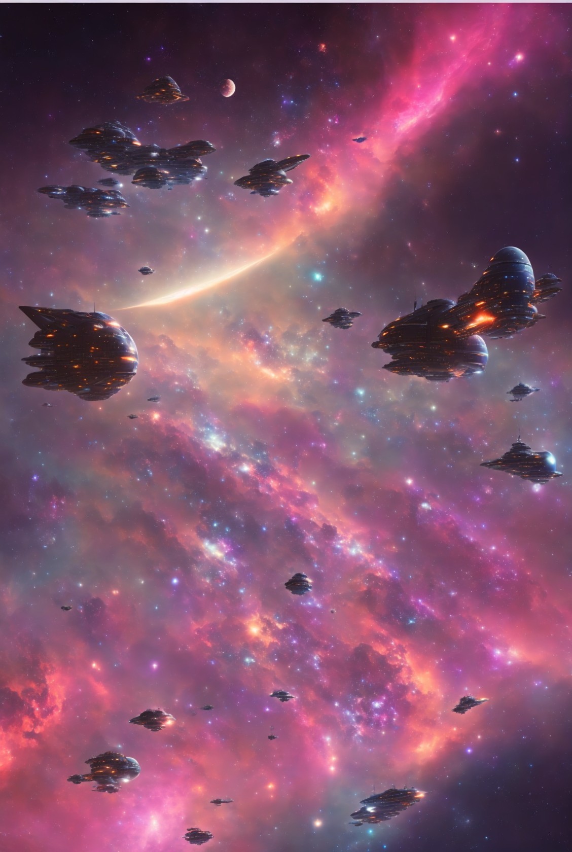 Colorful Spaceships Traveling Through Nebula with Starry Sky