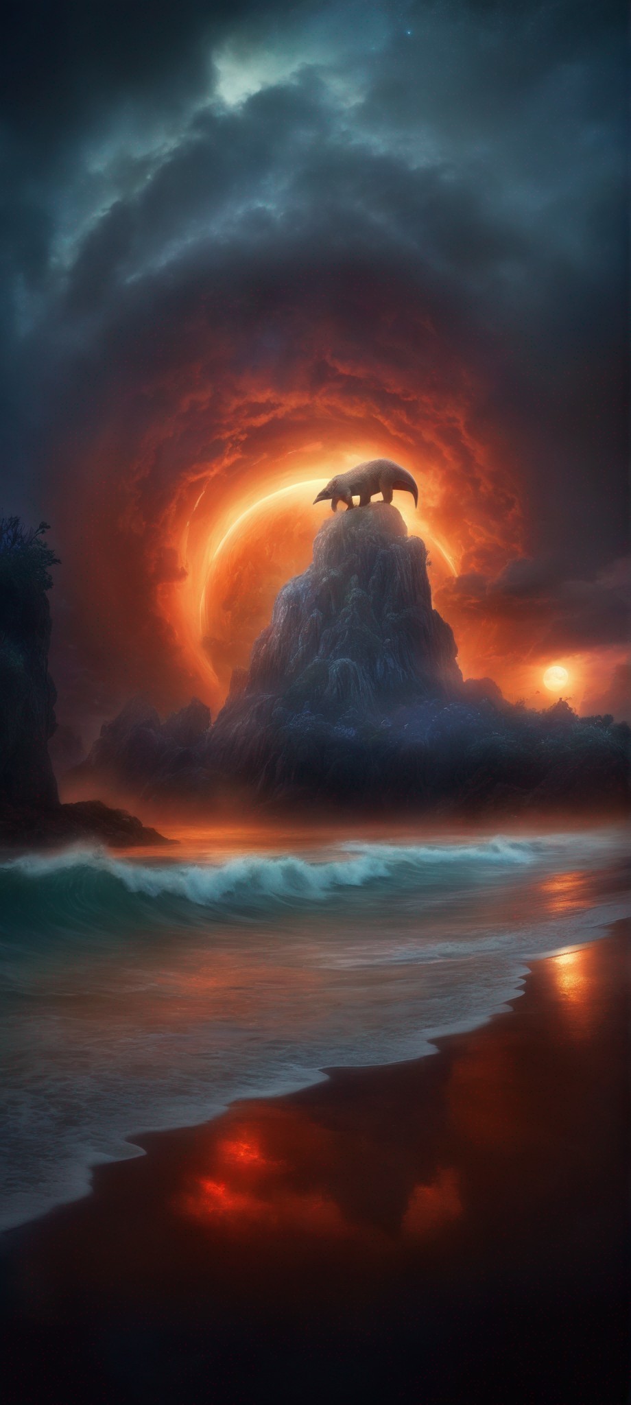 Surreal seascape with glowing orange portal and elephant under setting sun