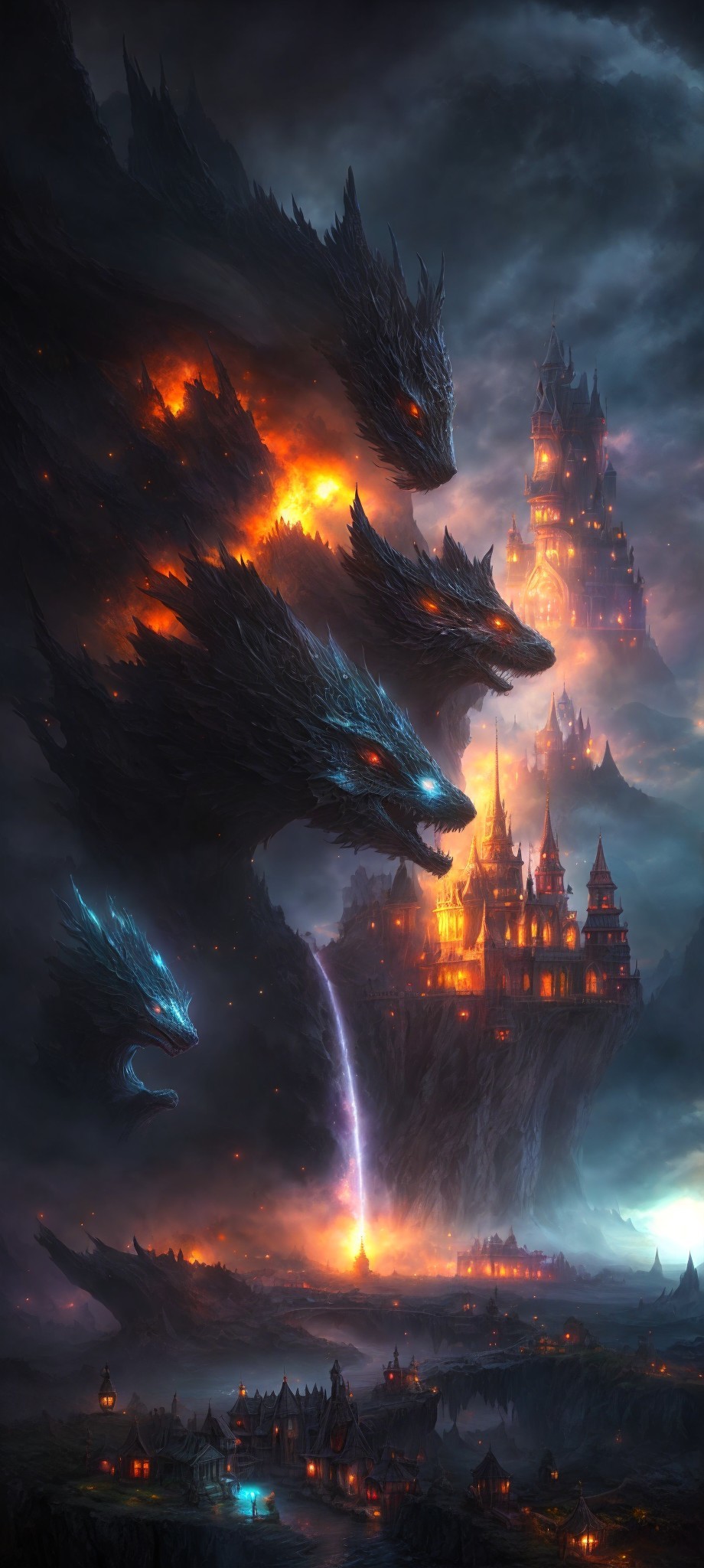Fantastical lightning strike with dragons and castle in stormy sky