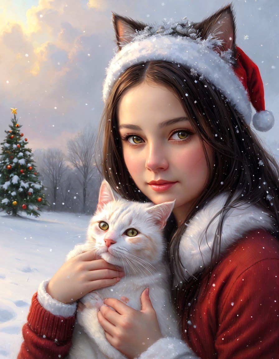 Girl in Santa Hat Holding White Cat in Snowy Christmas Scene