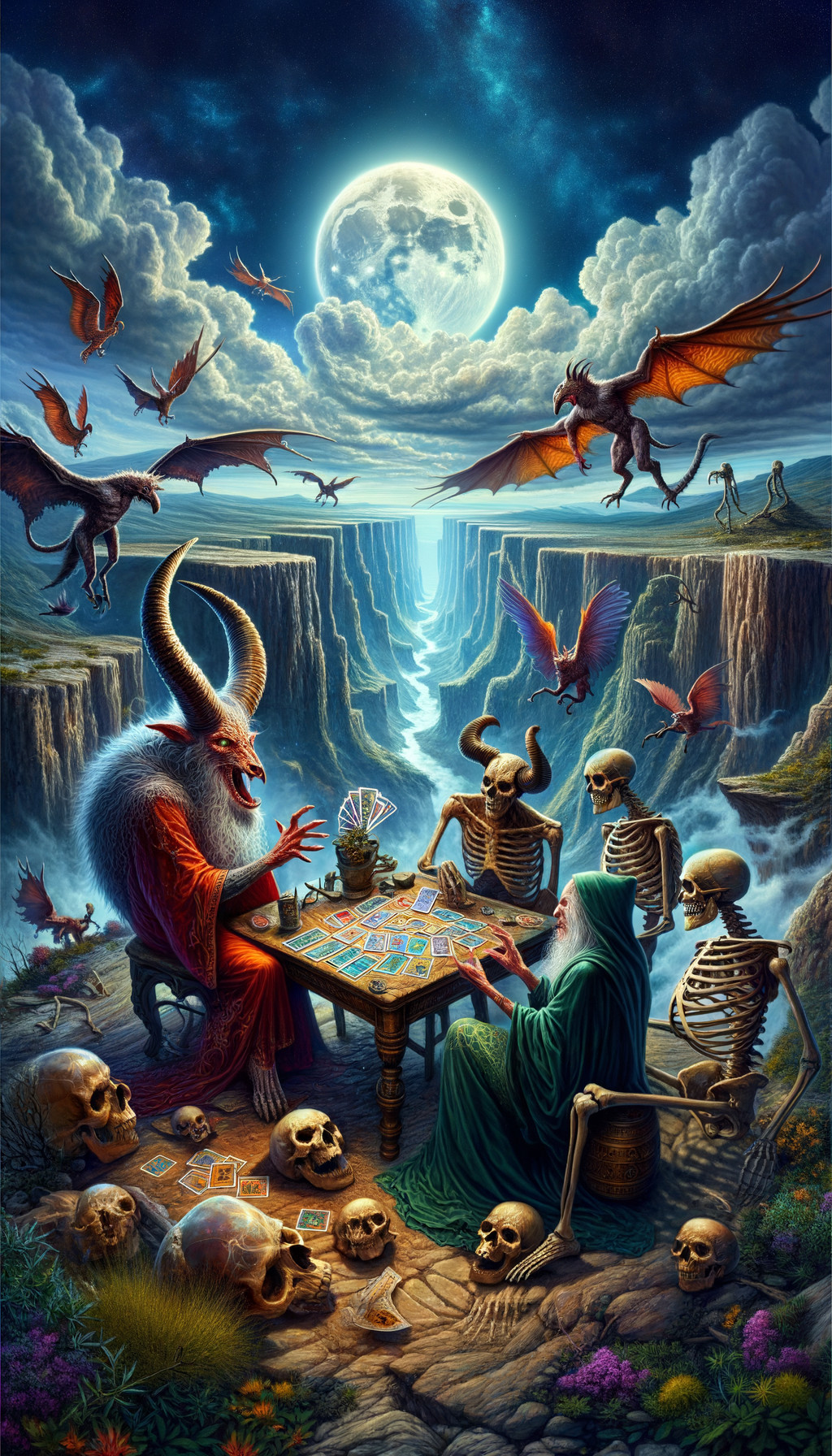 Skeletons Playing Board Game Under Full Moon Scene