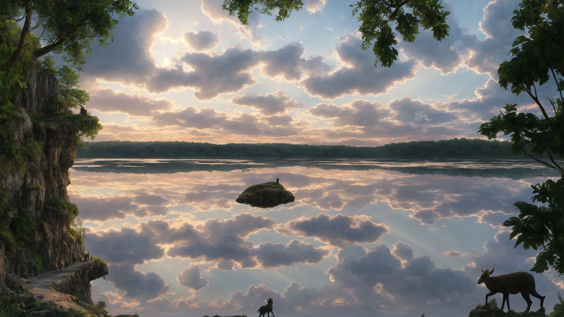 Tranquil landscape with clouds reflecting on water, person by shore, deer on cliff.