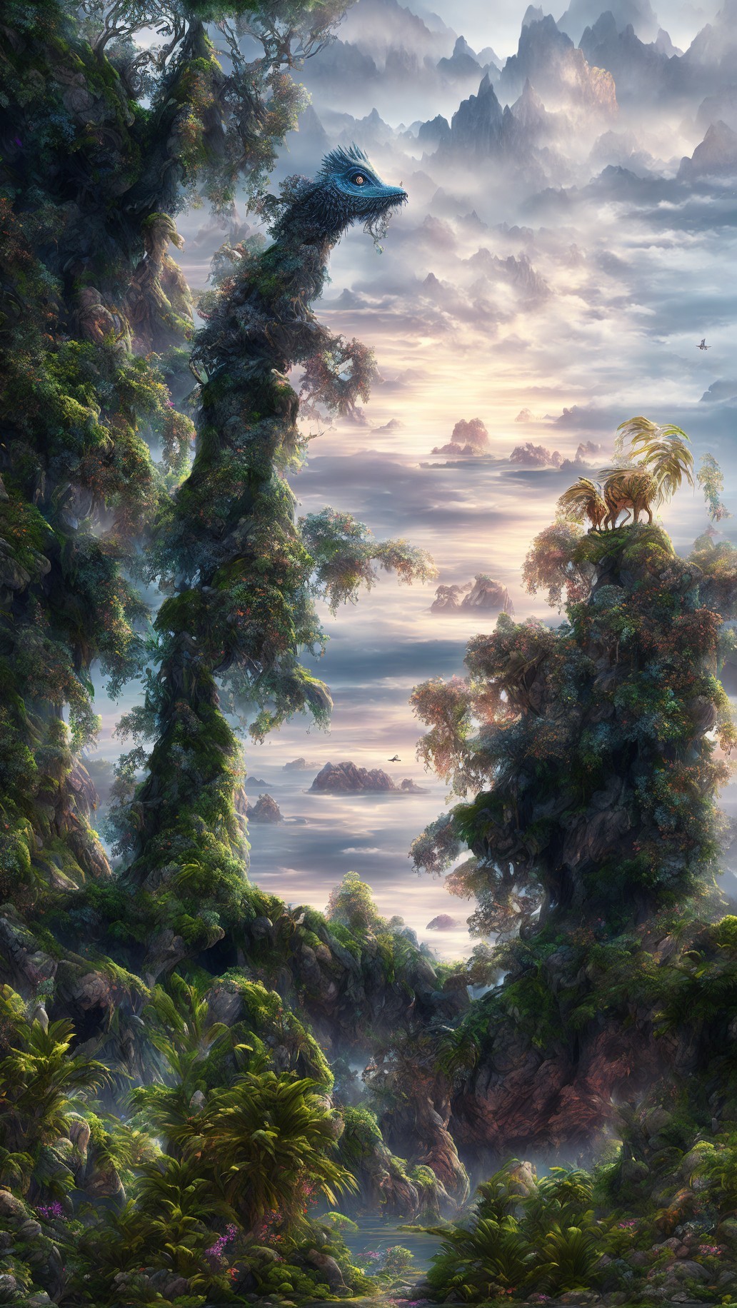 Mystical landscape featuring hidden dragon among lush trees, misty mountains, and floating islands.