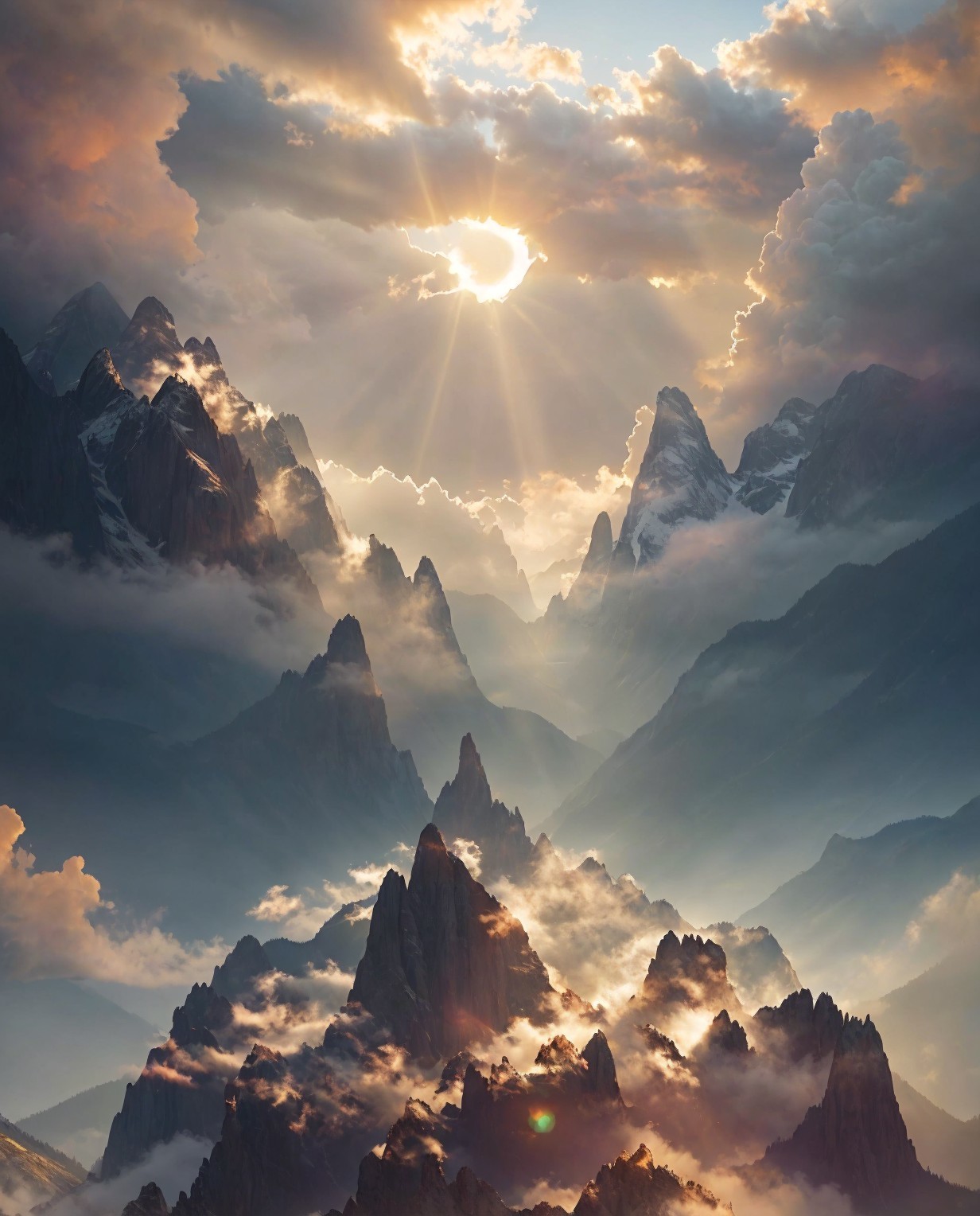 Mountain Landscape with Golden Sunlight and Clouds