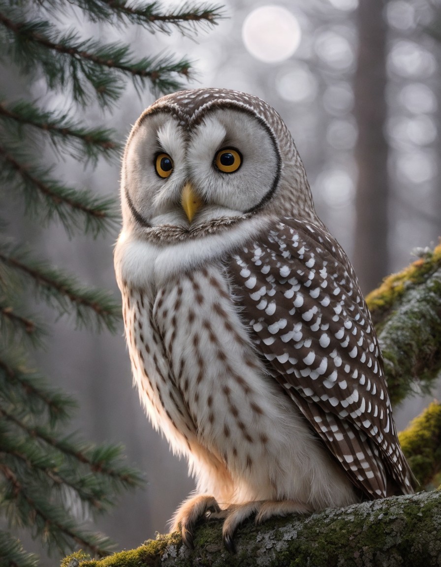 Snowy Owl on Tree Branch in Sunlit Forest