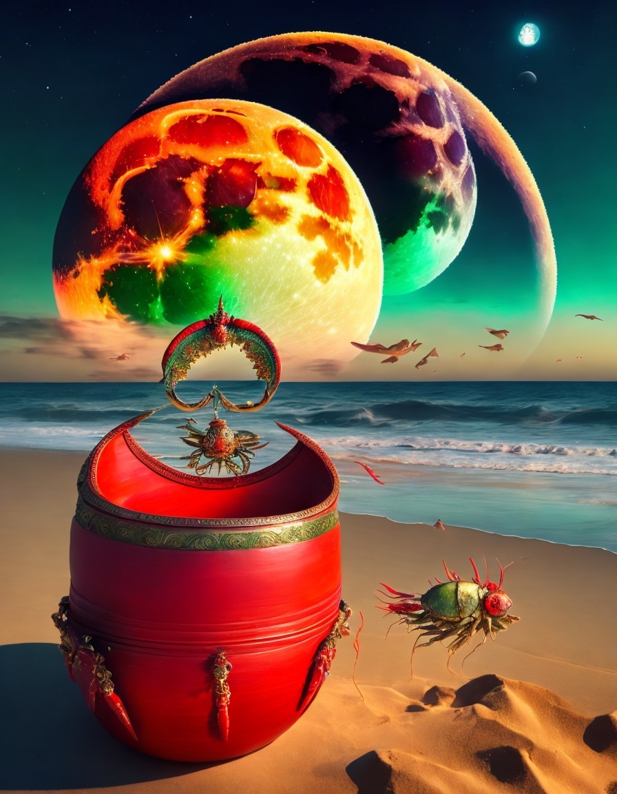 Surreal Beach Scene with Red Barrel and Colorful Moons