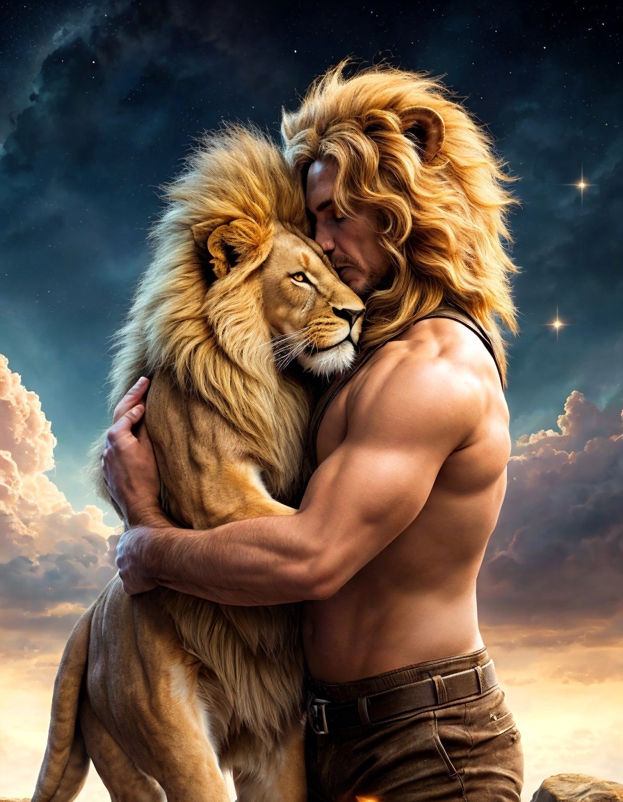 Muscular man with lion's head embracing lion under starry sky