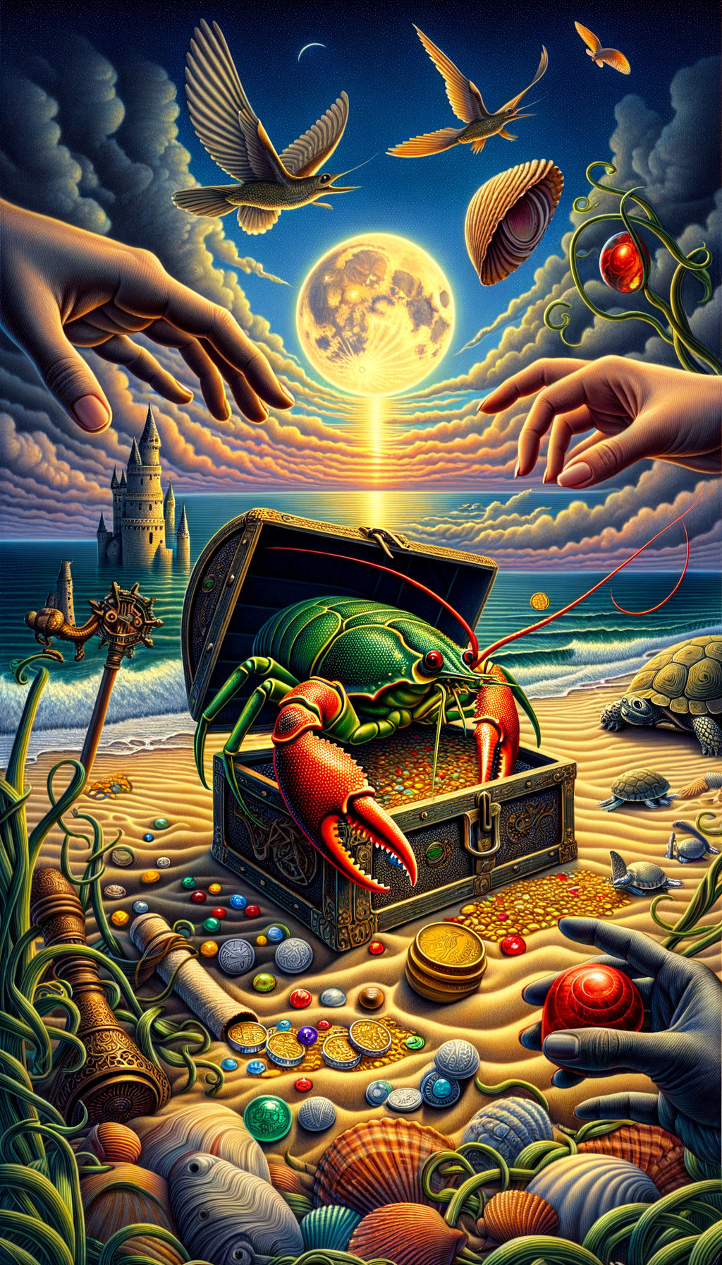 Giant lobster in treasure chest on vibrant beach at dusk