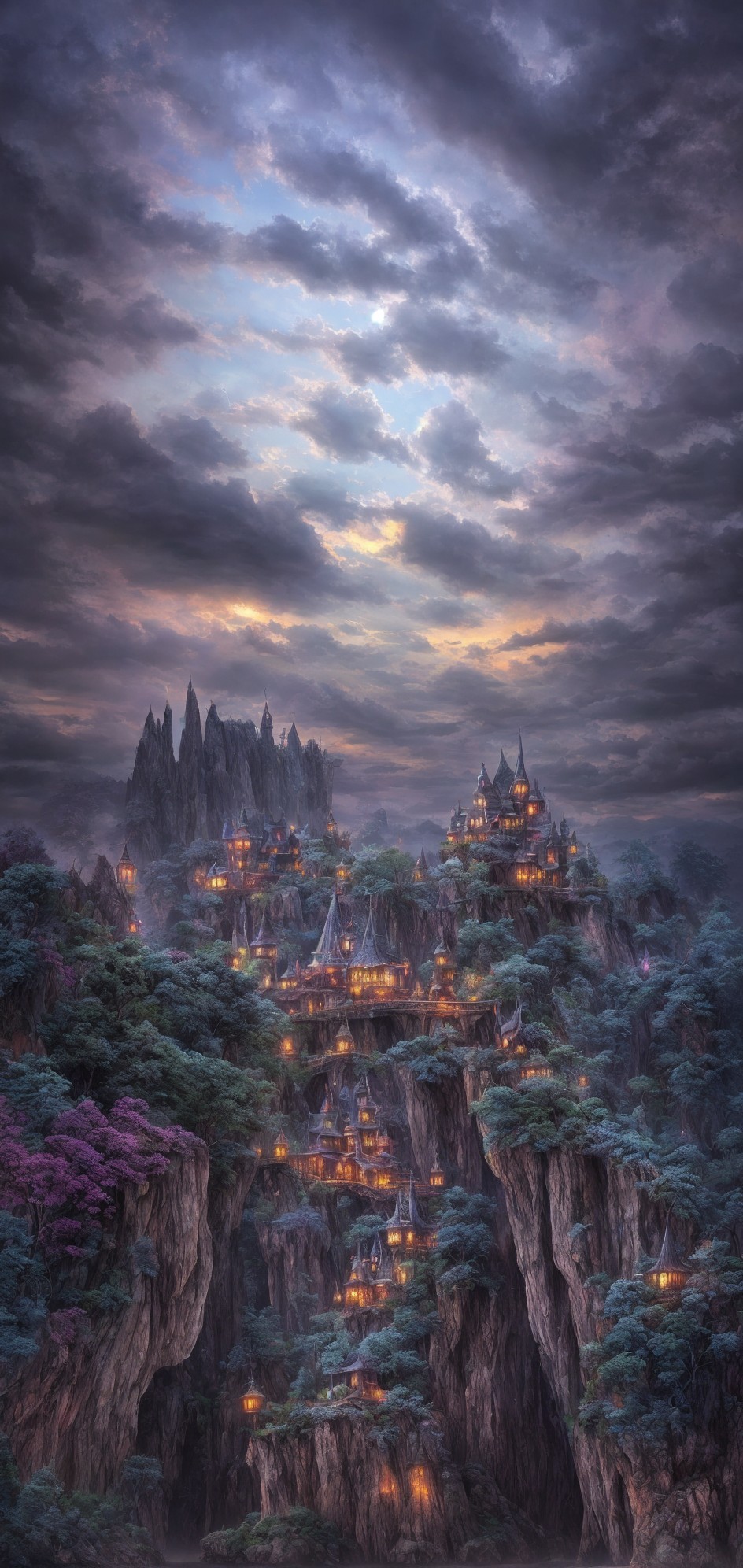 Twilight fantasy scene: towering cliff with glowing castle, misty trees, cloudy sky