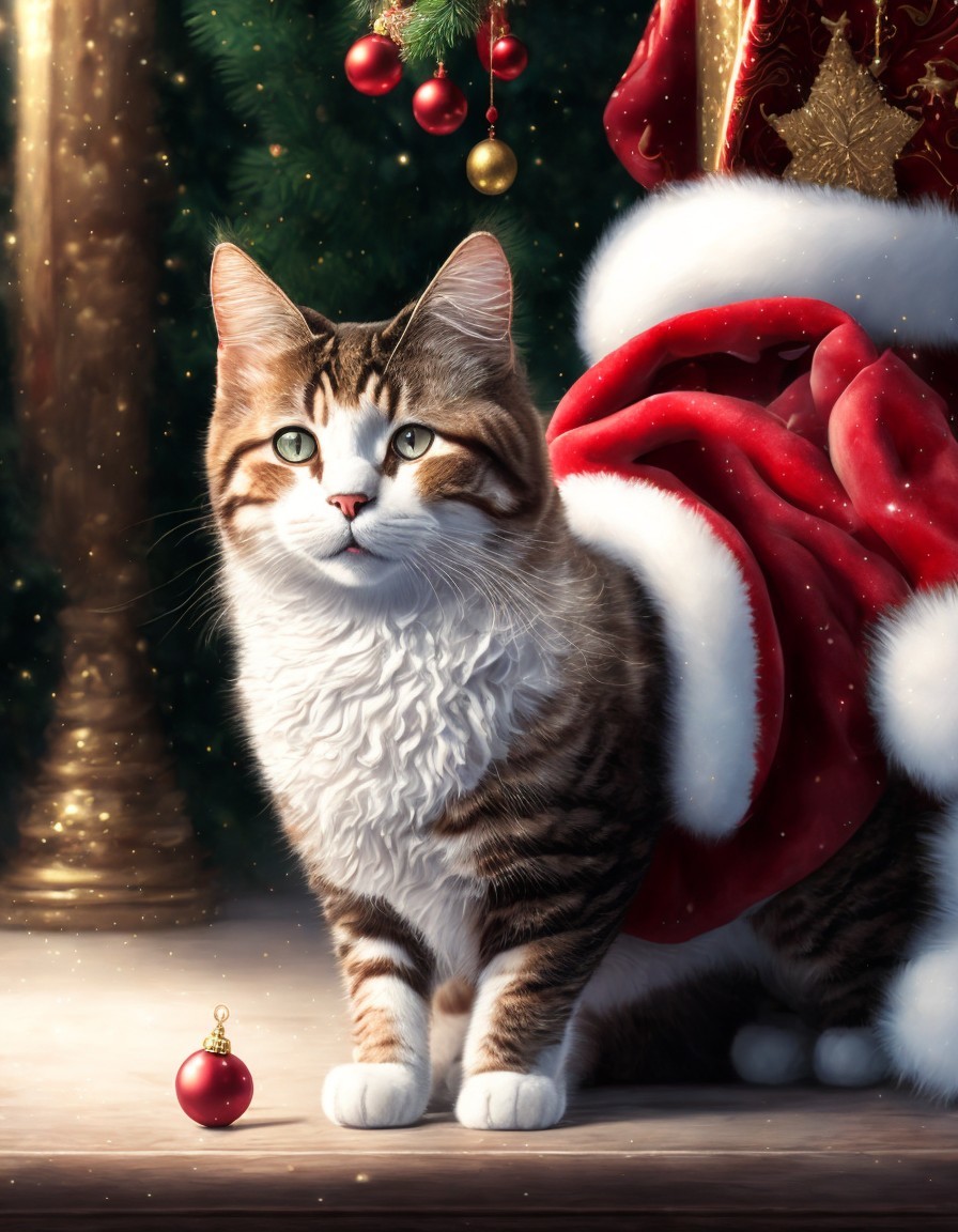 Tabby cat with white markings near Christmas tree and Santa hat