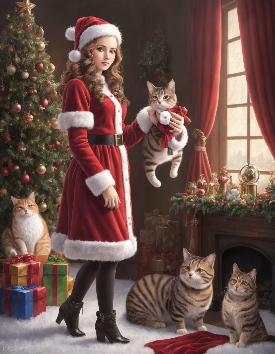 Woman in Santa Outfit with Cats by Christmas Tree & Fireplace