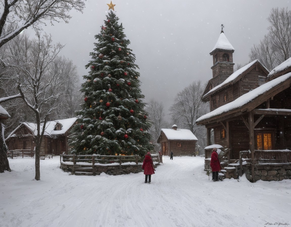 Snowy Christmas village scene with people in red coats near decorated tree.