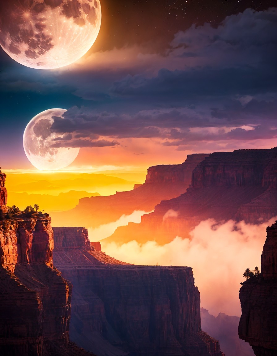 Vibrant Canyon Landscape with Moons and Sunset Hues