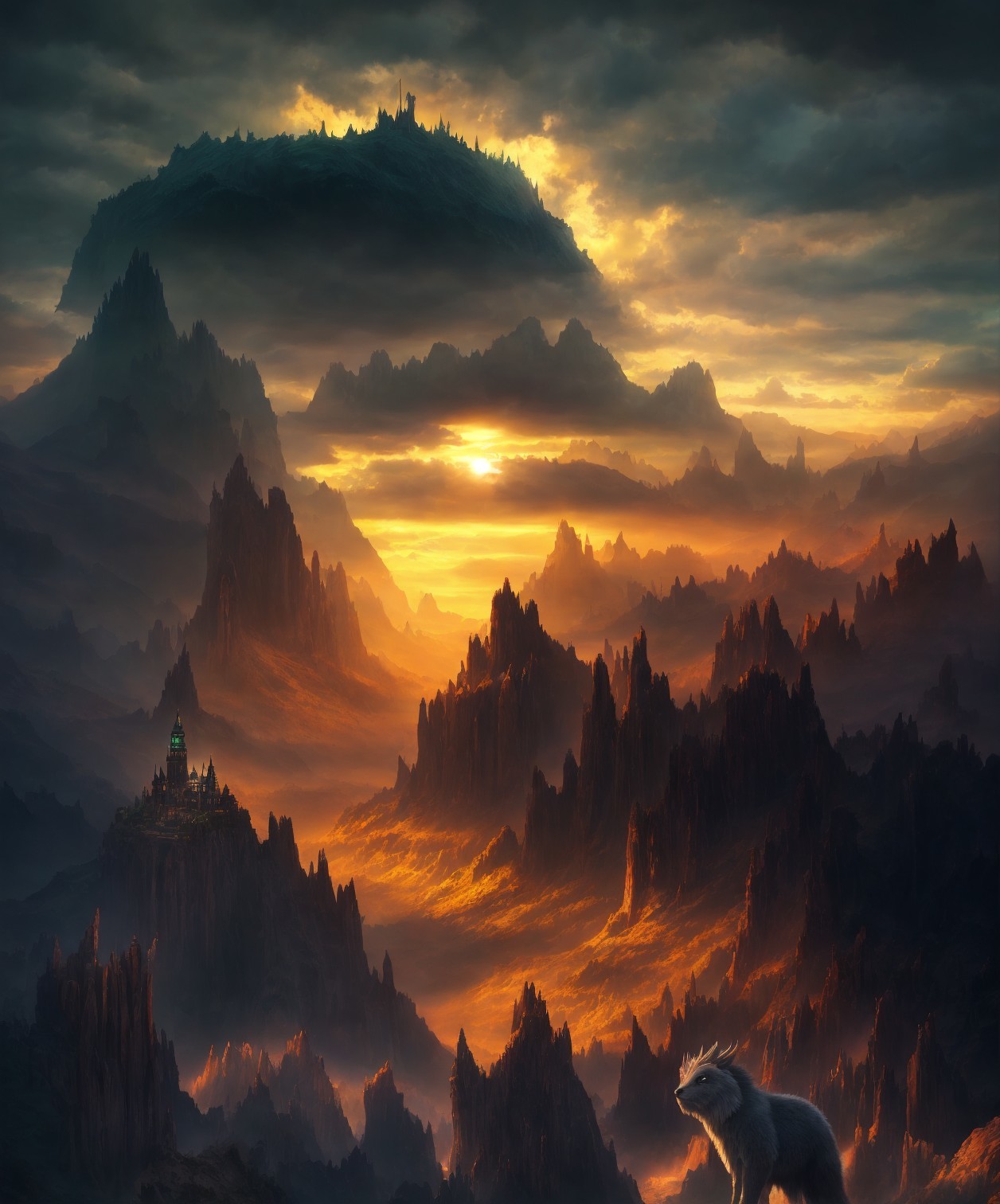 Mystical sunset landscape with floating island, castle, rock formations, and wolf.
