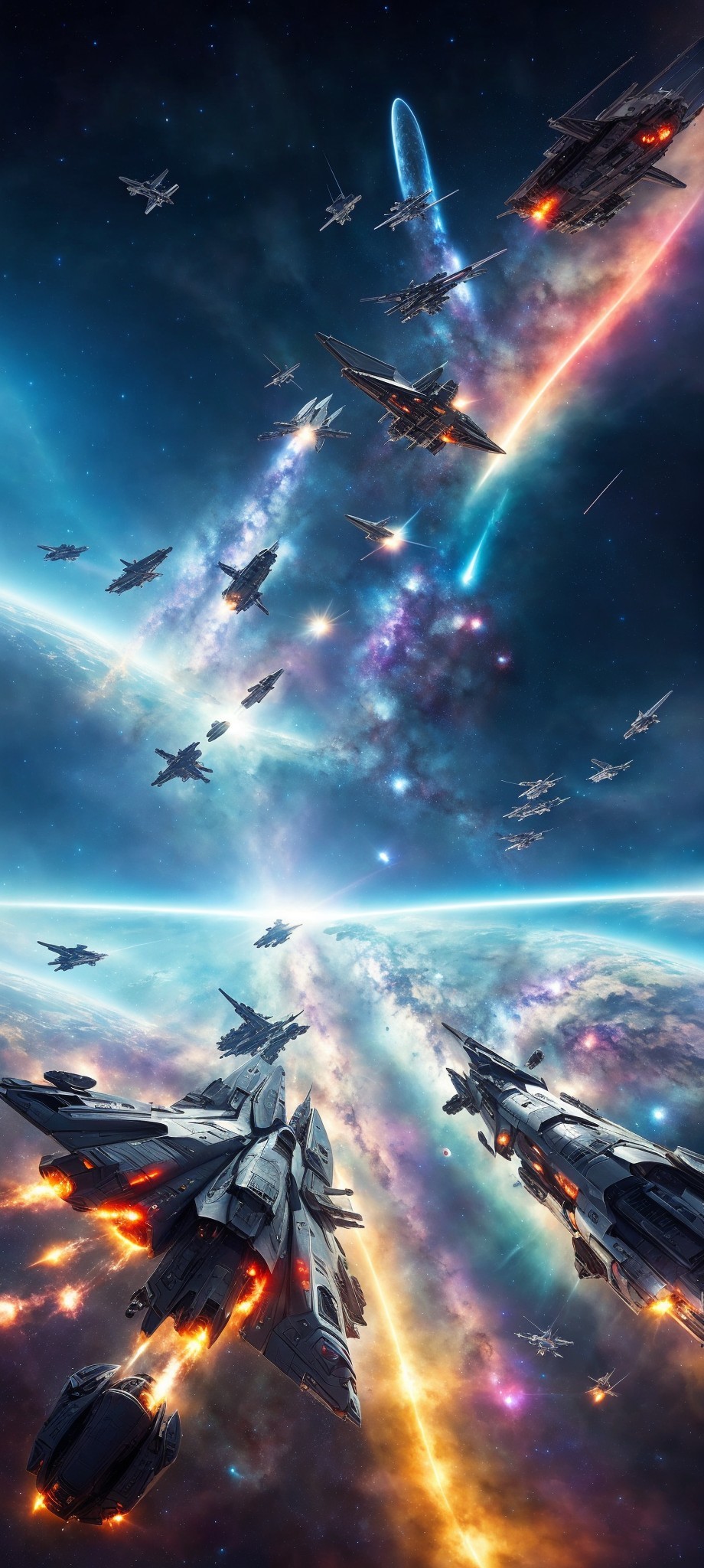 Vibrant space battle with spacecraft in starry galaxy