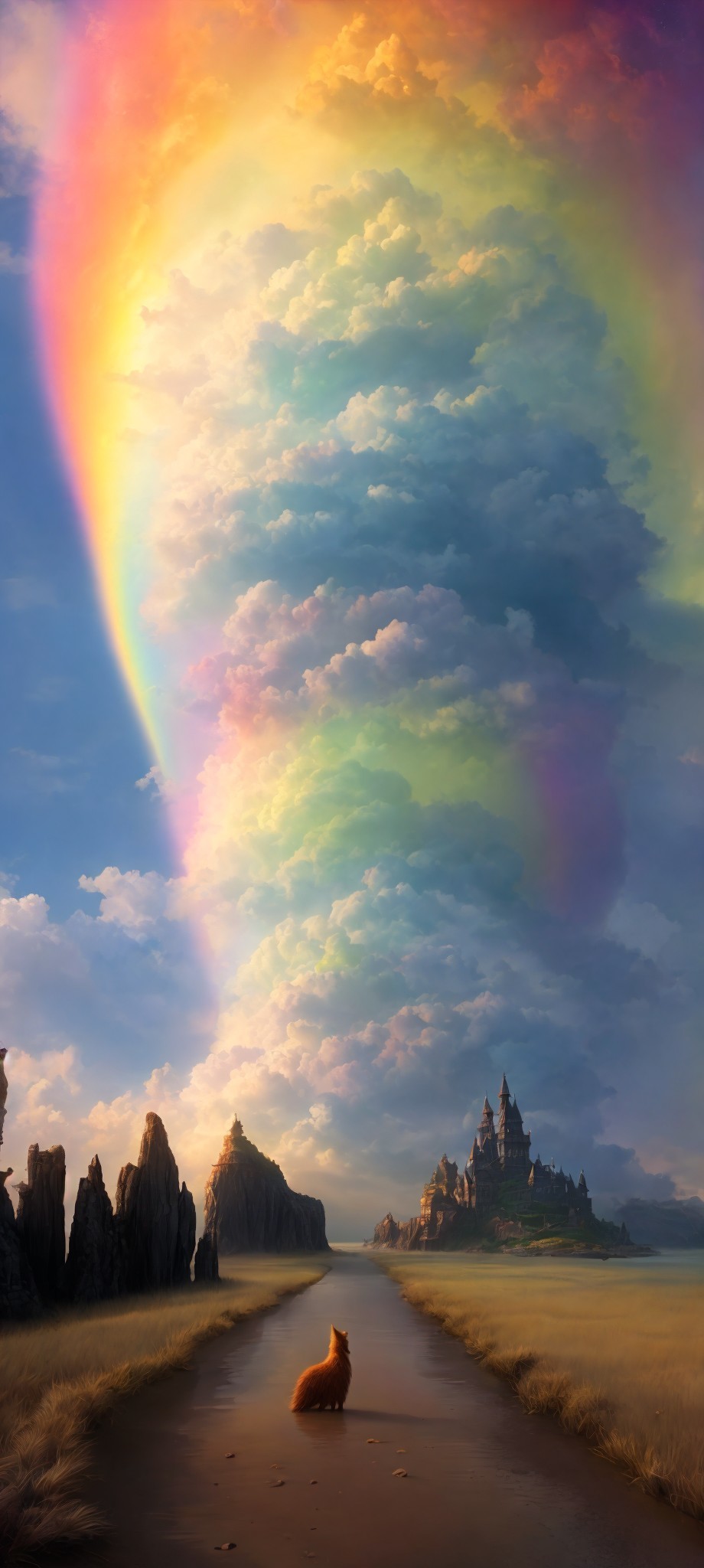 Cat on pathway near castle with rock formations and rainbow in sky