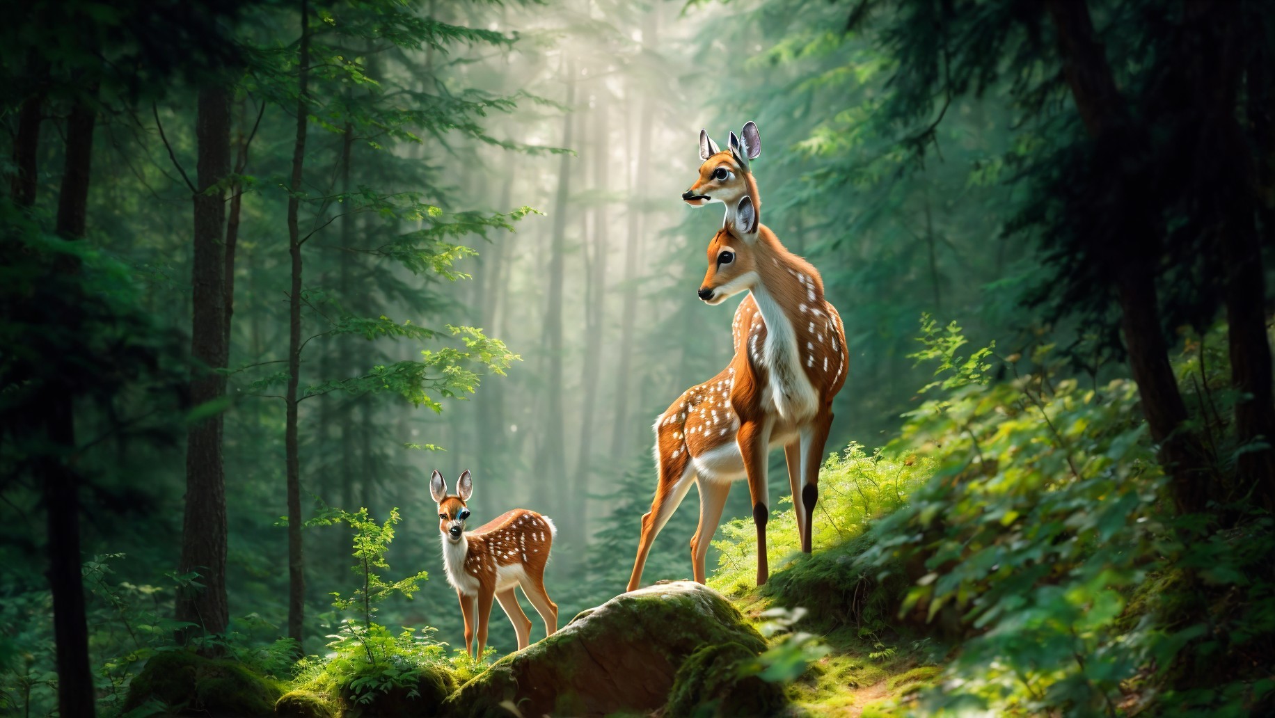 Two Spotted Deer in a Sunlit Forest Setting