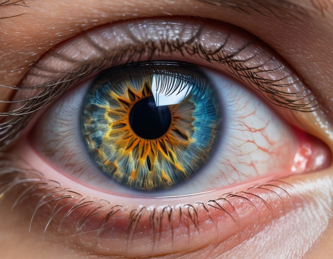 Detailed View of Blue Iris and Eyelashes with Visible Blood Vessels