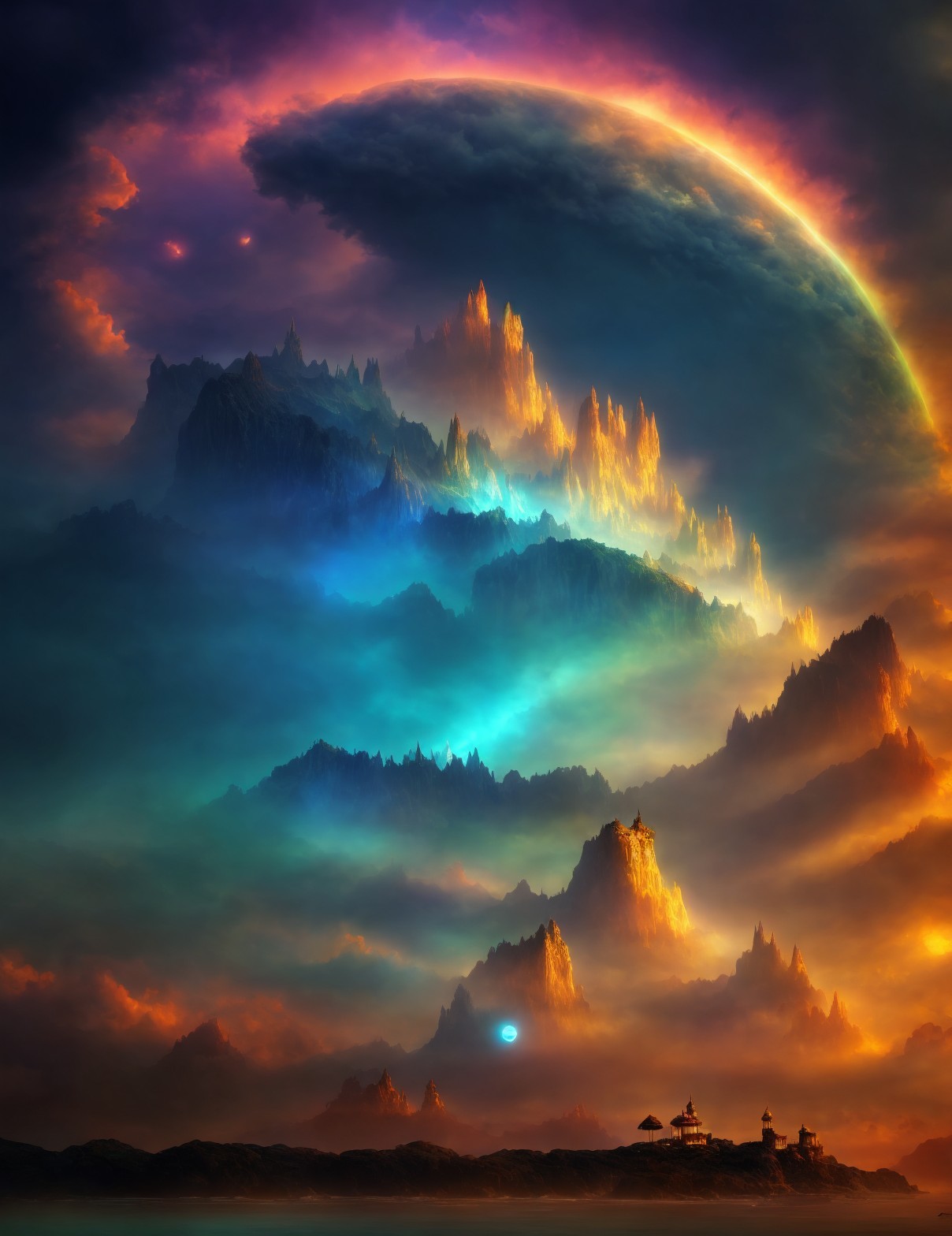 Vivid Fantasy Landscape with Majestic Mountain Range