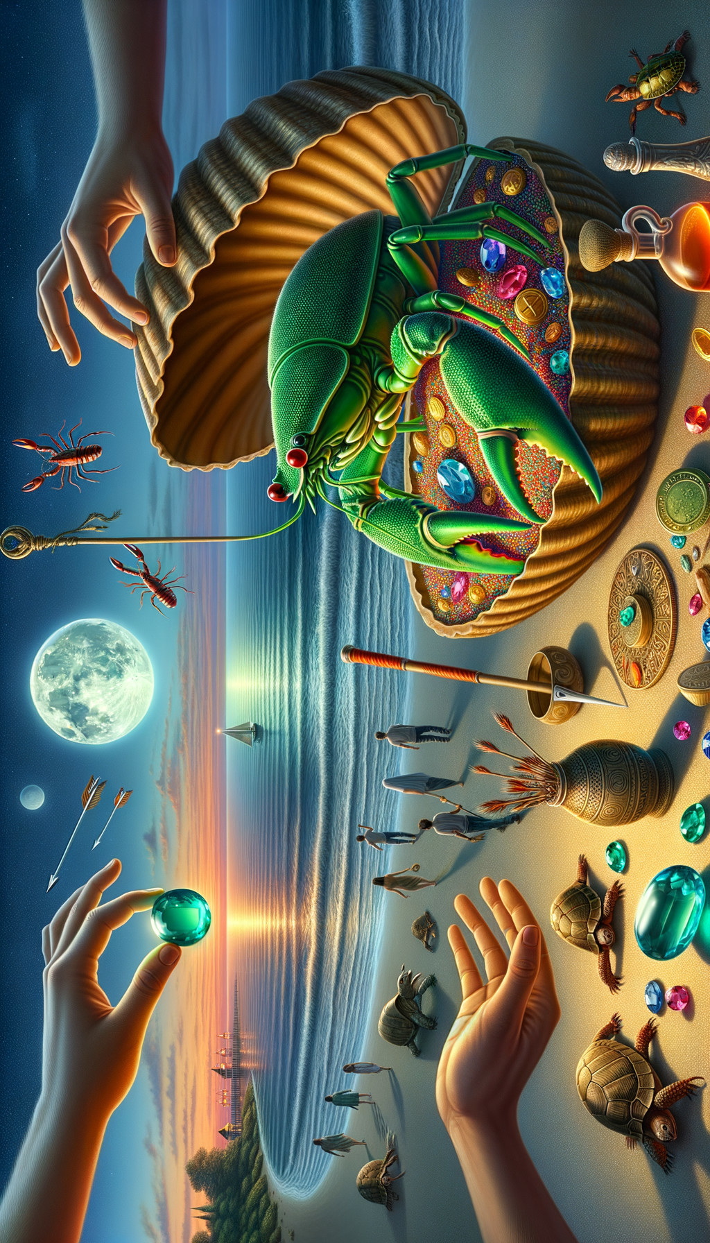 Surreal Beach Scene with Jeweled Lobster at Sunset