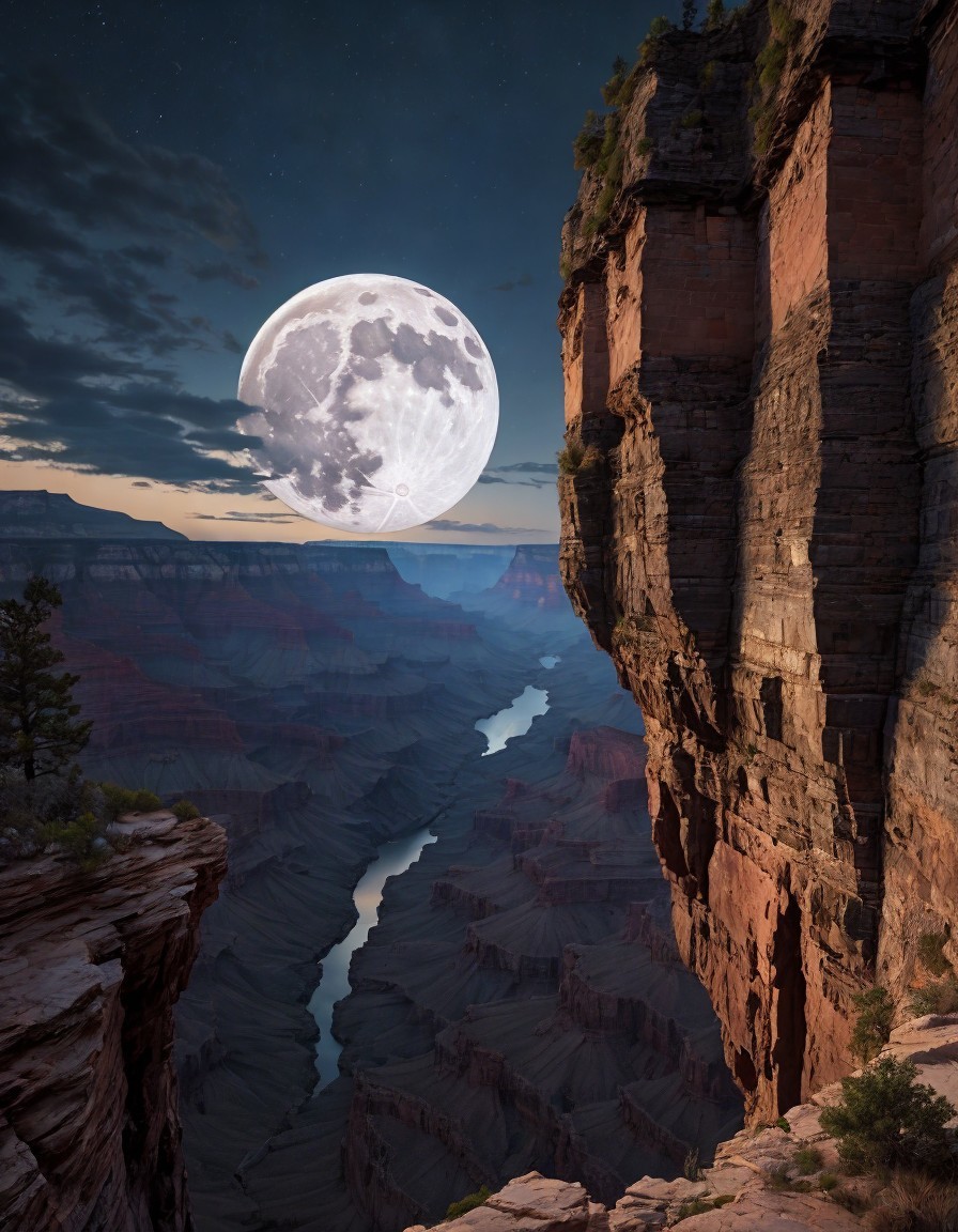 Full Moon Over Dramatic Canyon Landscape at Twilight