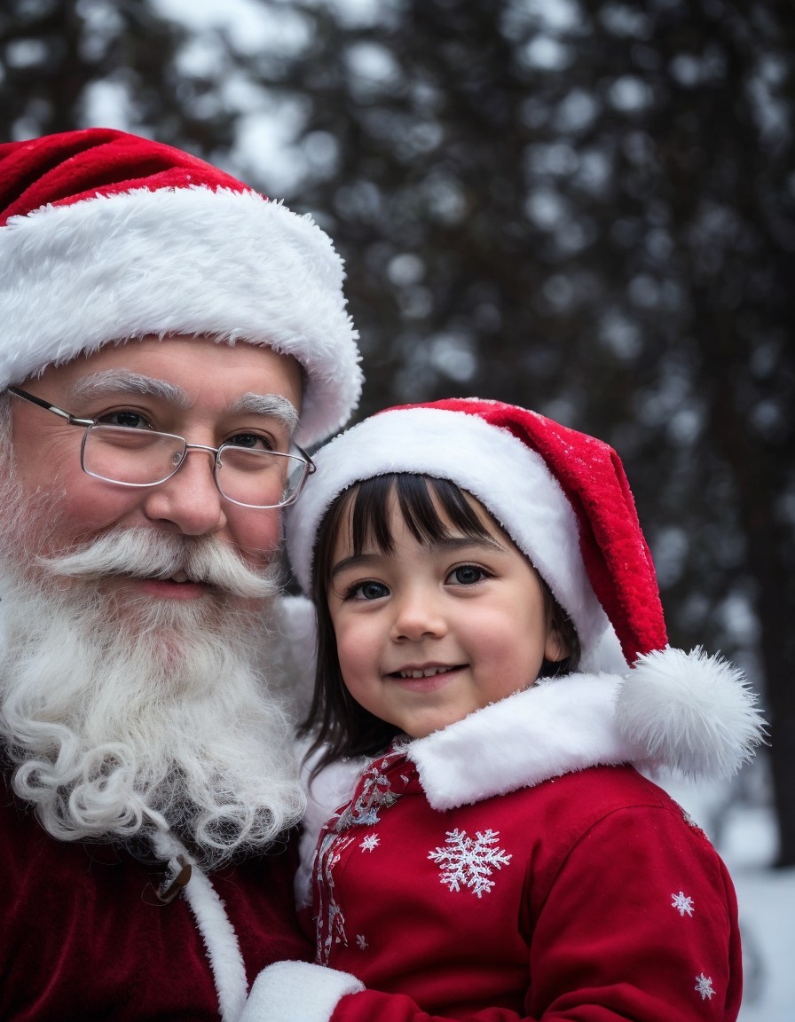 Santa Claus with child in snowy background