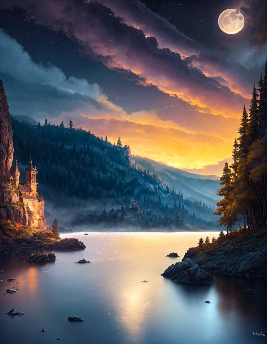Twilight Scene of Moonlit Lake and Castle Landscape